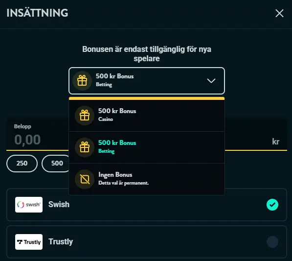 InsÀttning med Swish och Trustly för Golden Bull Bonus